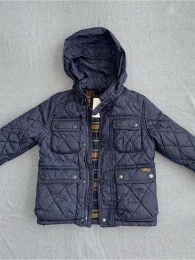 Zara Boys Quilted Jacket Concealed Hood Navy Blue Size 4